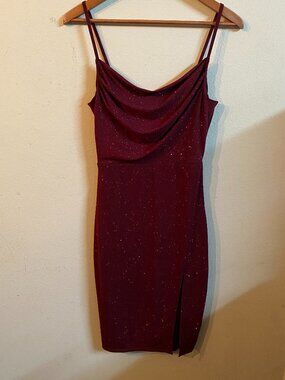 INSPIRED HEARTS MEDIUM BURGUNDY GLITTER COWL NECK BODYCON MIDI SLIP DRESS